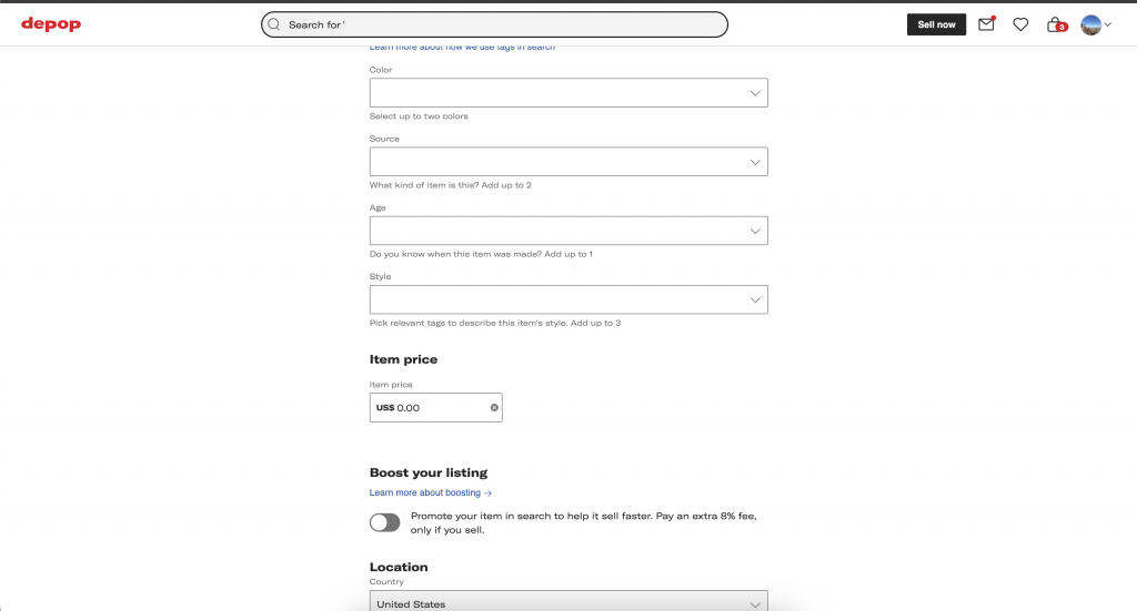 Blank depop listing form showing the core details that always have to be added.